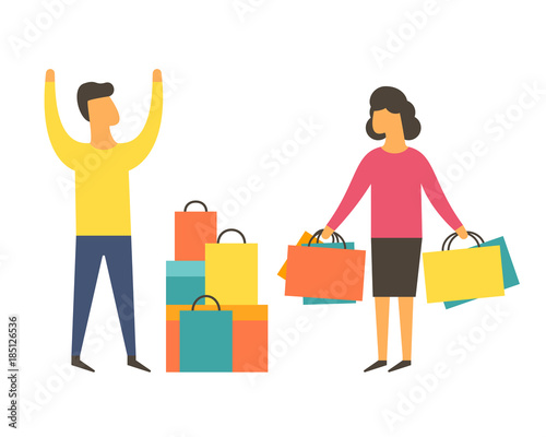 Shopaholic woman buying too much. Angry husband. Shopping addiction vector