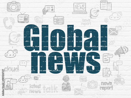 News concept: Painted blue text Global News on White Brick wall background with Scheme Of Hand Drawn News Icons
