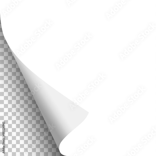 Vector white paper sheet with lower left curled corner and transparent next page. Template paper design.