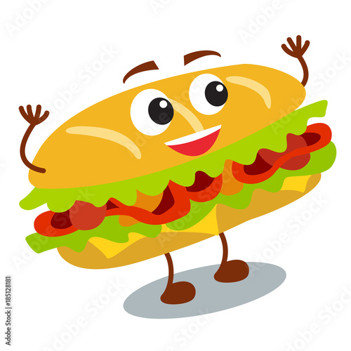 Funny, cute fast food sandwich with smiling human face isolated on white background. Beautiful vector design.