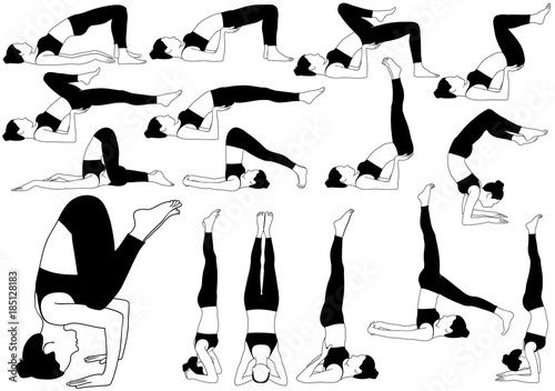 Icons of woman doing yoga in different upturned poses.