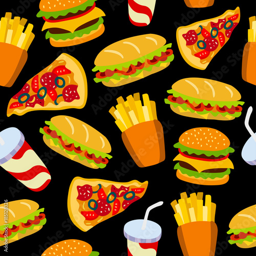Fast food pattern on a black background. Texture for wallpaper, fills, web page background.
