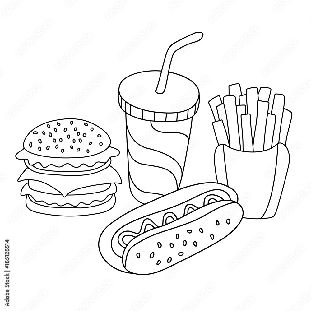 Fast food set. Hamburger, french fries, hot dog and soft drink in cup
