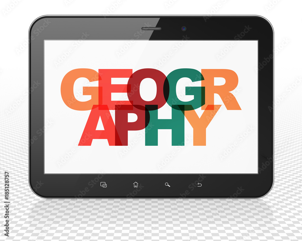 Studying concept: Tablet Pc Computer with Painted multicolor text Geography on display, 3D rendering Studying concept: Tablet Pc Computer with Painted multicolor text Geography on display, 3D rendering