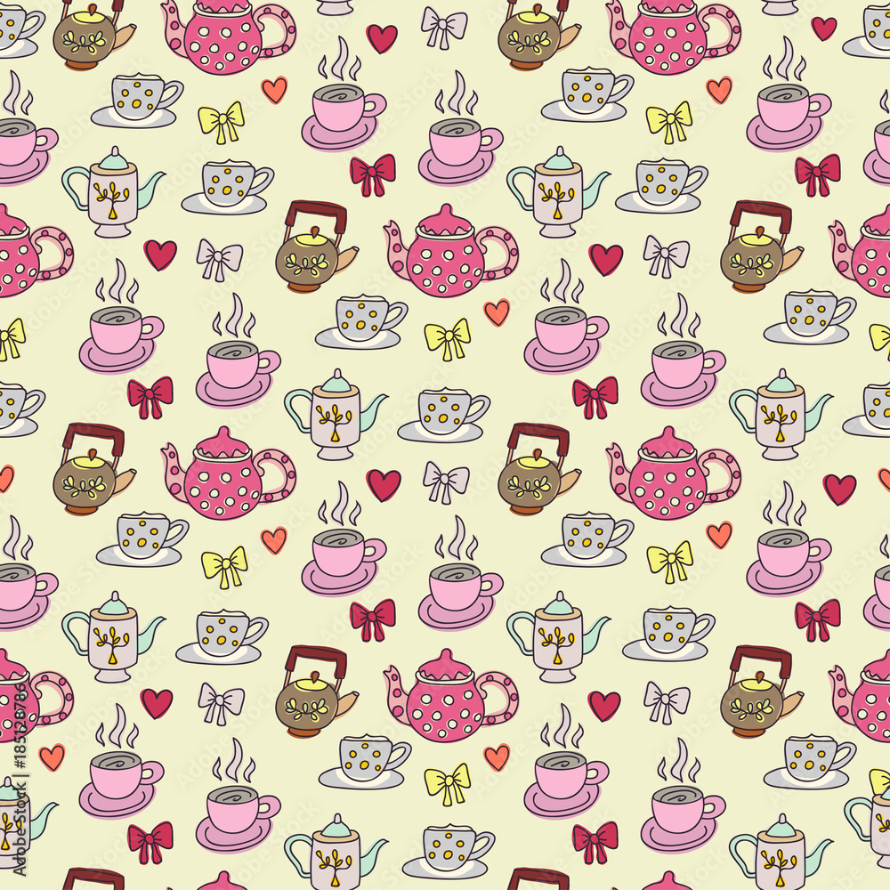 Pattern with teapots and cups. Can be used for textile, website background, book cover, packaging.