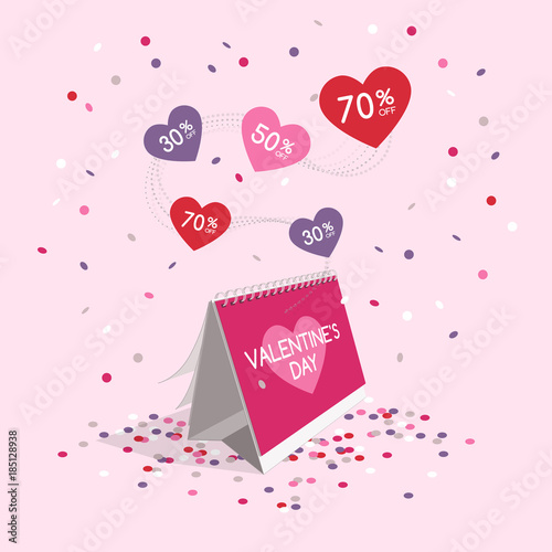 Valentine's day sale symbol with calendar and flying confetti isolated on light background. Easy to use for your design with transparent shadows.