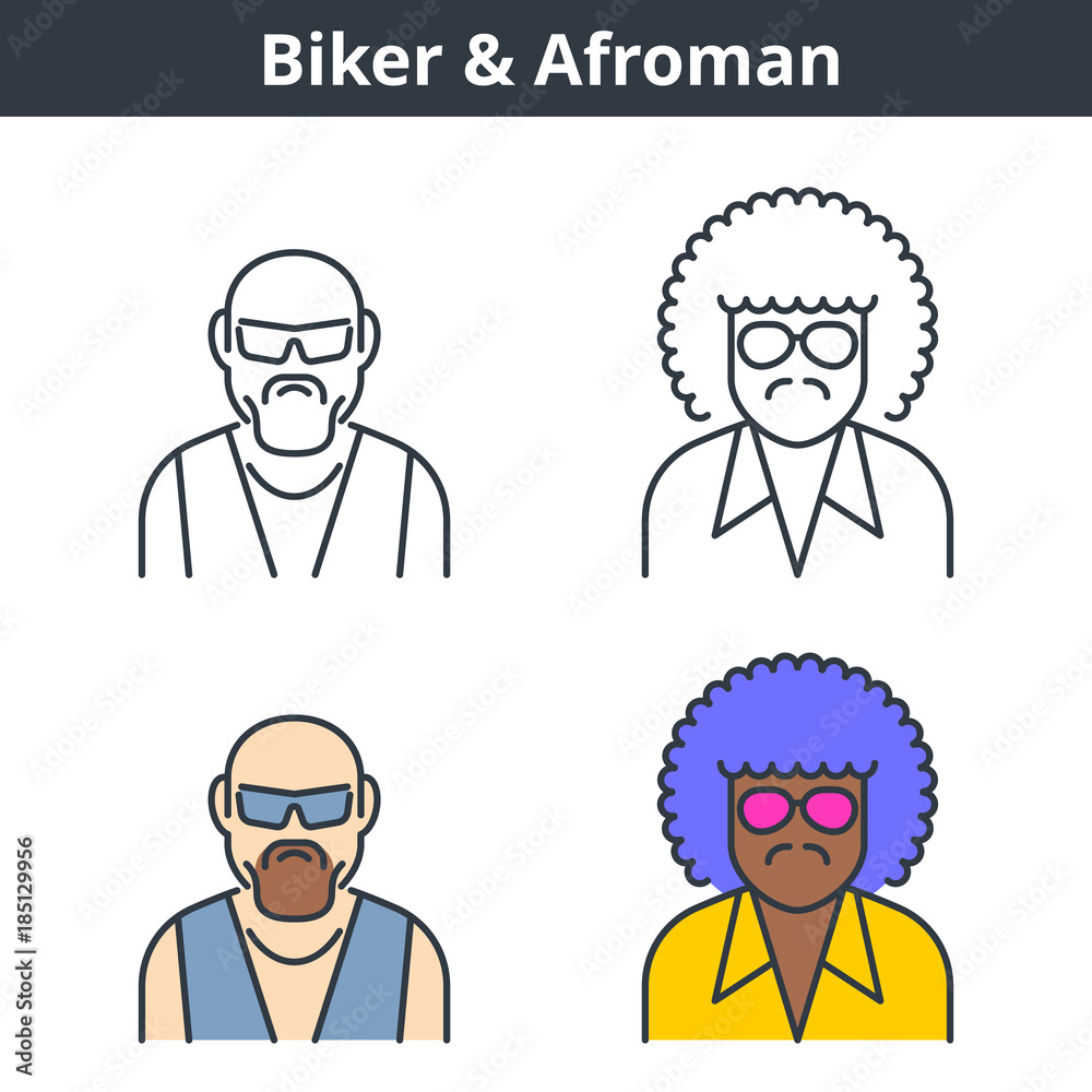 Flat and linear vector avatar set: biker and afroman. Gangster and street gang member outline human userpic collection. Colorful thin line face icons: afro american gangsta and motobike rider. Flat and linear vector avatar set: biker and afroman. Gangster and street gang member outline human userpic collection. Colorful thin line face icons: afro american gangsta and motobike rider.