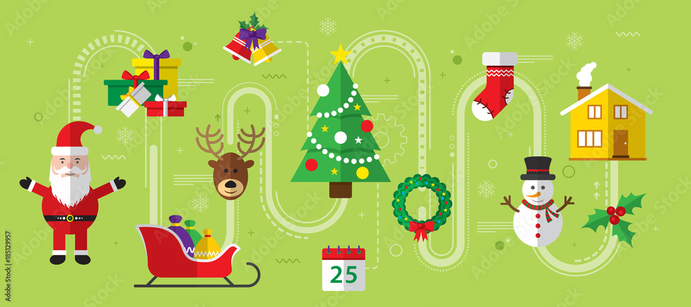 Naklejka premium Set of christmas icons in internet banner in vector illustration. Icon of bell, stocking, christmas tree, reindeer, present, Santa Claus, snowman. Template for internet and business.