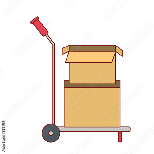 hand truck with cardboard boxes stacked and one opened in colorful silhouette