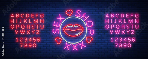 Sex shop logo, emblem in neon style. Neon effect, grocery store, intimate items. Vector illustration. Bright night banner, luminous sign, night sex advertising shop. Editing text neon sign