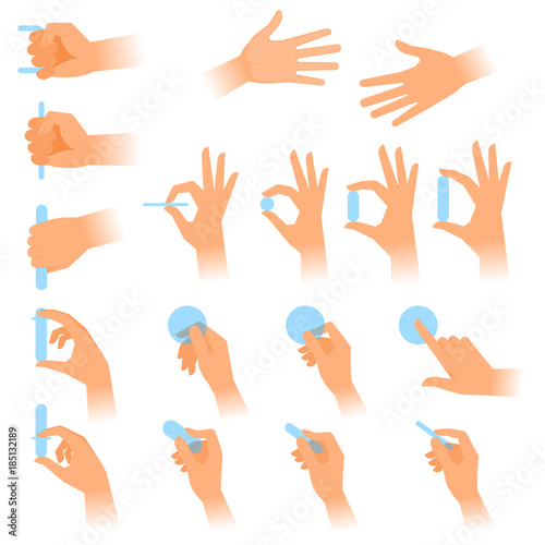 The gestures of human hands with objects. Flat illustration set of various postures hands holding blanks in a different situations. Vector design elements isolated on white background.