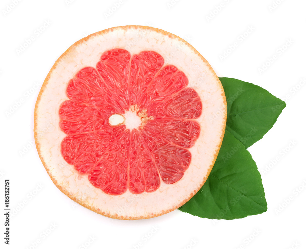 Grapefruit slice with leaves isolated on white background. Top view Grapefruit slice with leaves isolated on white background. Top view