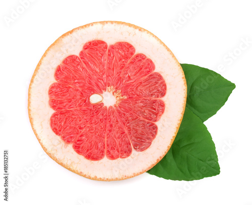 Grapefruit slice with leaves isolated on white background. Top view