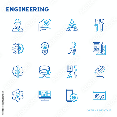 Engineering thin line icons: engineer, electrinocs, calculations, tools, repair, idea, it server. Modern vector illustration.