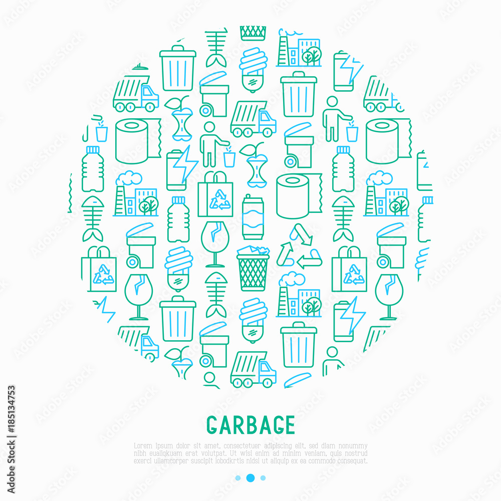 Garbage concept in circle with thin line icons: garbage bin, organic trash, garbage truck, glass, recycled paper, aluminium, battery, plastic bottle. Modern vector illustration for web page. Garbage concept in circle with thin line icons: garbage bin, organic trash, garbage truck, glass, recycled paper, aluminium, battery, plastic bottle. Modern vector illustration for web page.