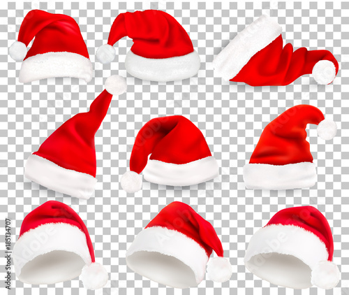 Collection of red santa hats on transparent background. Vector.