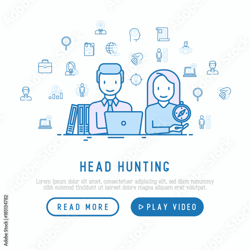 Head hunting concept: hr manager and candidate at interview with thin line icons around. Vector illustration, web page template.