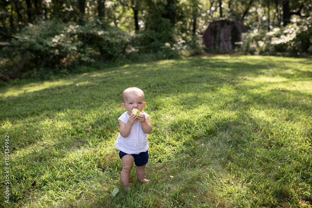 Baby girl eating pear while standing on grassy field Baby girl eating pear while standing on grassy field