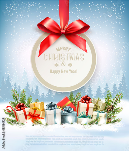 Merry Christmas Holiday Background with branches of tree and colorful gift boxes. Vector