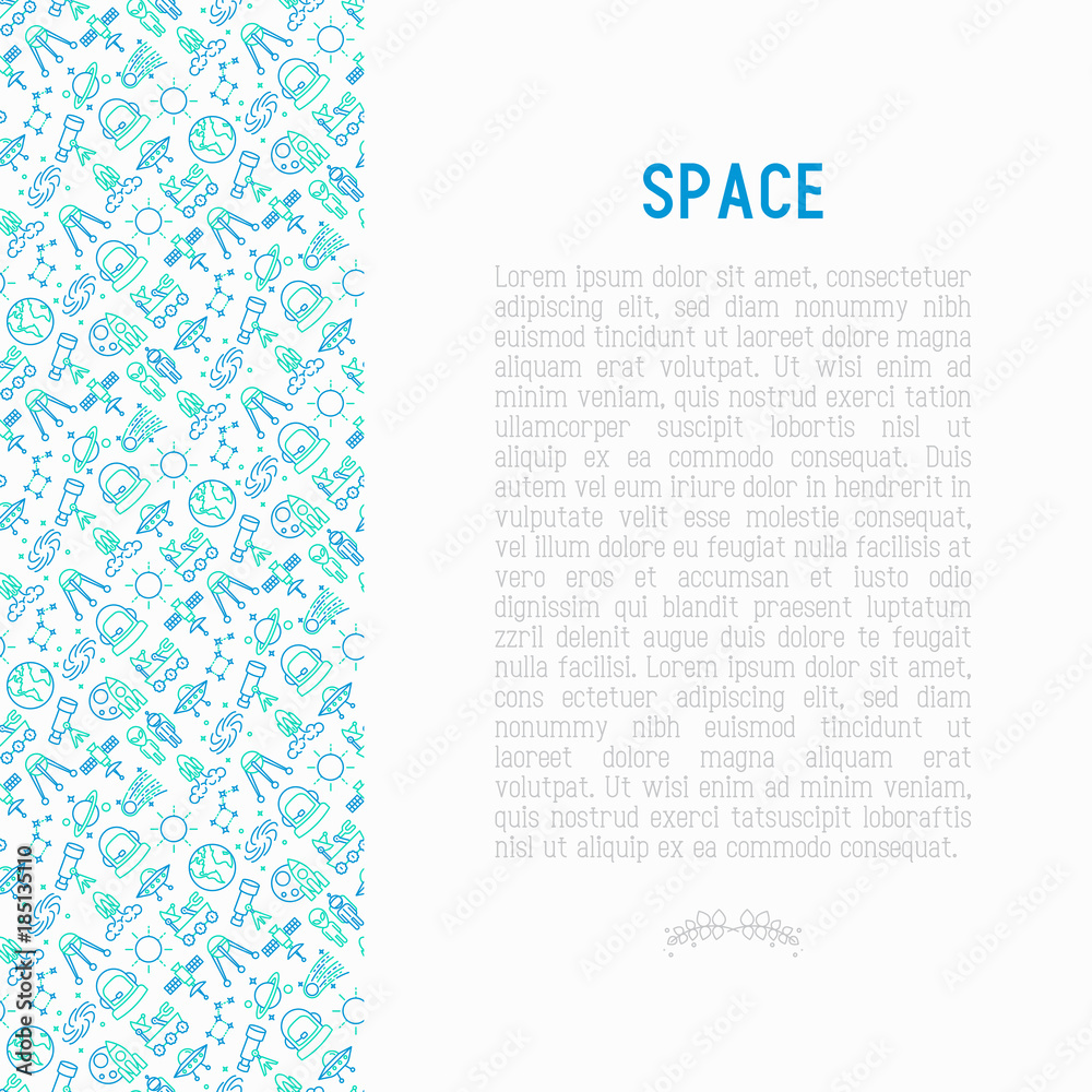 Space concept with thin line icons: rocket, Earth, lunar rover, space station, teelscope, alien, meteorite. Modern vector illustration for banner, print media, web page.