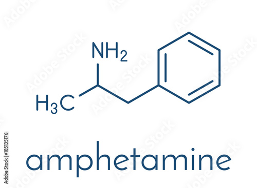 Amfetamine (amphetamine, speed) stimulant drug molecule. Skeletal formula.