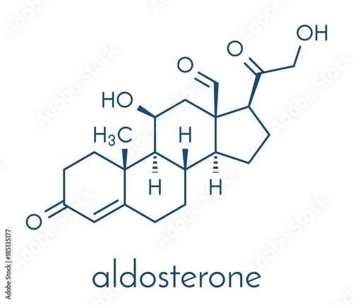 Aldosterone mineralocorticoid hormone, produced by the adrenal gland. Skeletal formula.