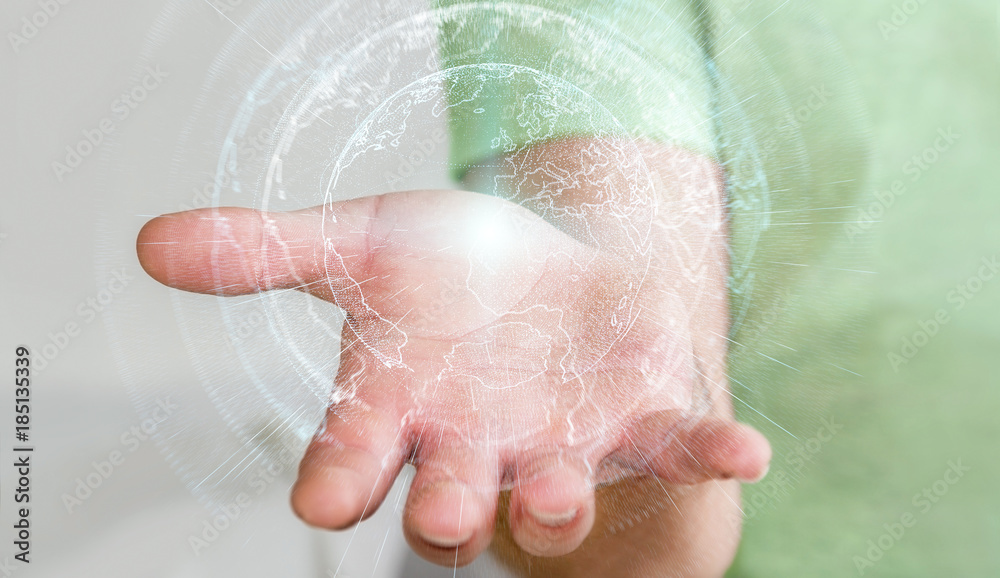 Flying earth network interface activated by businessman 3D rendering