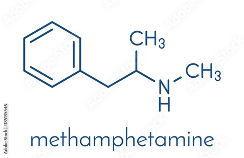 Methamphetamine (crystal meth, methamfetamine) stimulant drug molecule. Skeletal formula.