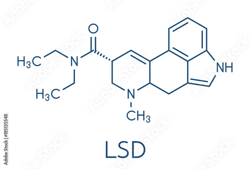 LSD (lysergic acid diethylamide) psychedelic drug molecule. Skeletal formula. photo