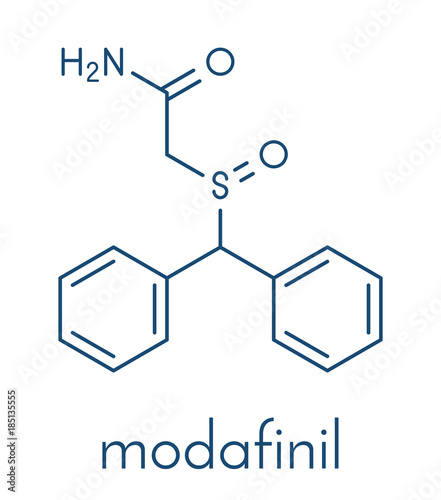Modafinil wakefulness promoting drug. Used to treat narcolepsy and illicitly as a doping agent. Skeletal formula.