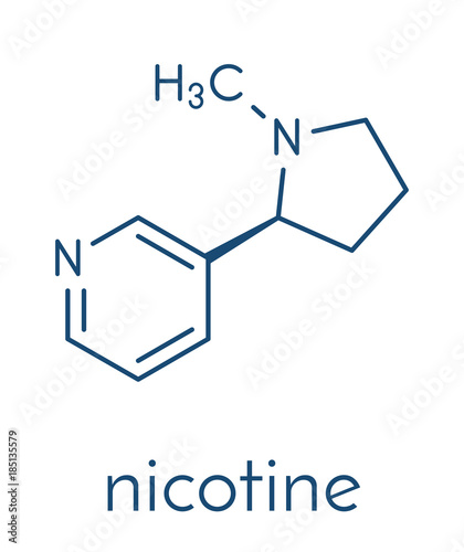 Nicotine tobacco stimulant molecule. Main addictive component in cigarette smoke. Skeletal formula.
