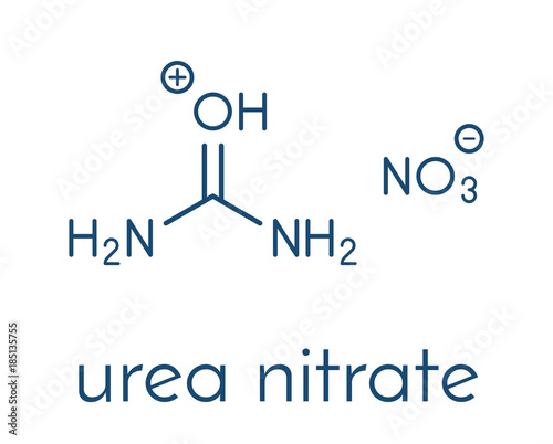 Urea nitrate high explosive molecule. Prepared by reacting urea with nitric acid and commonly used in improvised explosive devices (IEDs). Skeletal formula.