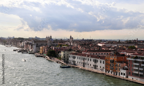 panoramic view of Venice from the height of the cruise ship to Piazza San Marco and the Ducale, or Doge's Palace. on the Grand canal many boats, river transport, in the background of ancient architect