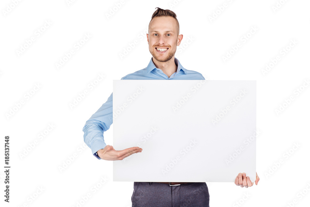 young man holding black blank panel with space for text on white background. young man holding black blank panel with space for text on white background.