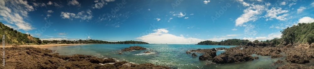 Panorama of the rocky sea shore in New Zealand