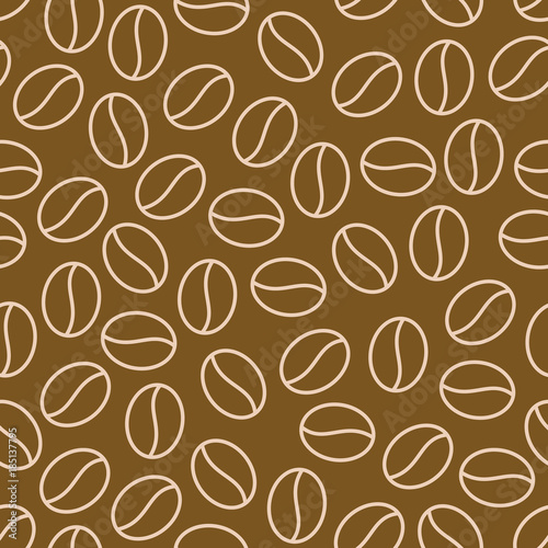 Coffee beans seamless pattern, vector background. Repeated dark brown texture for cafe menu, shop wrapping paper. Flat line icons.