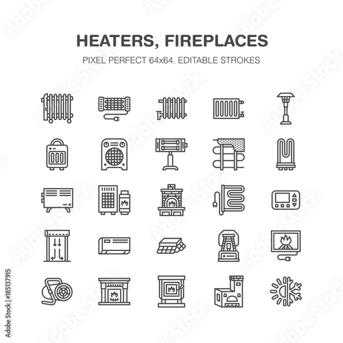 Oil heater, fireplace, convector, panel column radiator and other house heating appliances line icons. Home warming thin linear pictogram. Equipment store signs. Pixel perfect 64x64.