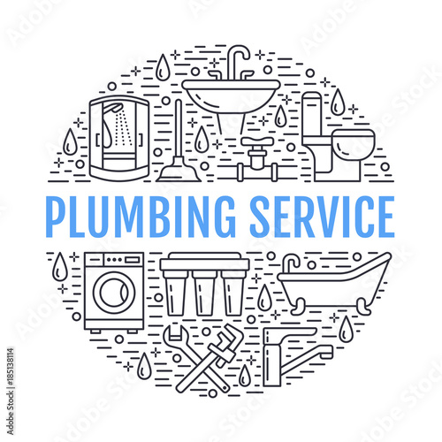 Plumbing service banner illustration. Vector line icons of house bathroom equipment, faucet, toilet, pipeline, washing machine, water filter. Plumber repair circle template with text.