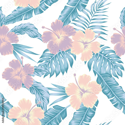Flowers hibiscus abstract cold color tropical leaves seamless