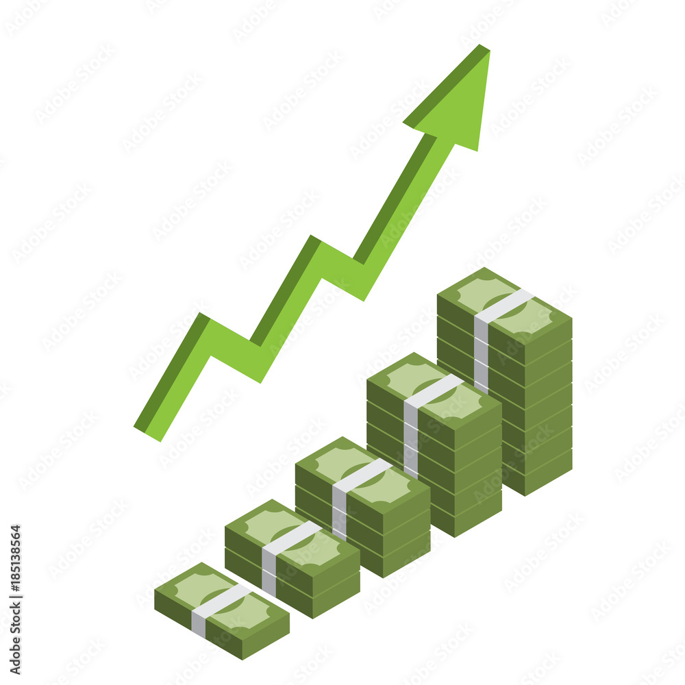 Obraz na plátně Increasing stack of isometric money with arrow, making profit, revenue growth in