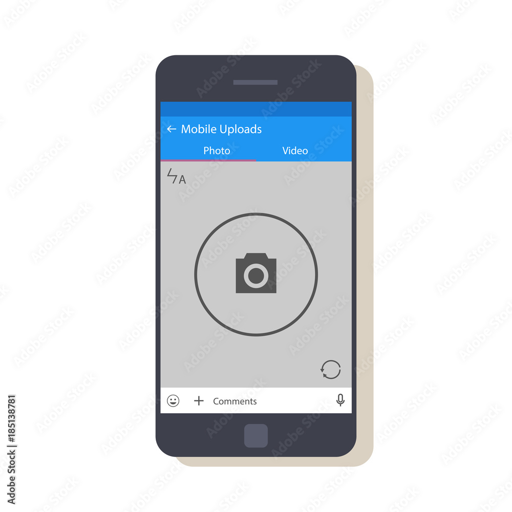 Design of the mobile application interface. The screen of the new photo. Flat vector illustration with shadow isolated on white background. Design of the mobile application interface. The screen of the new photo. Flat vector illustration with shadow isolated on white background.