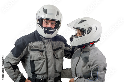 couple senior riders with helmet isolated on the white background © Philipimage