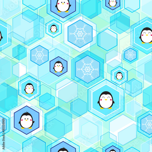 Seamless vector background, cute penguin and snowflake on honeycomb background.