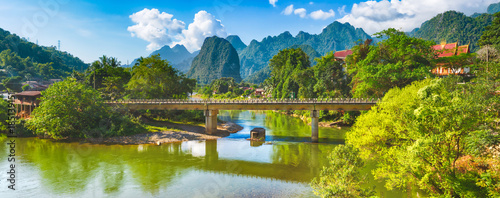 Amazing landscape of river among mountains. Laos. Panorama