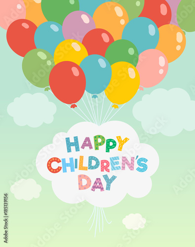 Children's day vector background. Cloud with Children's Day title, balloons. Happy children's day colorful card.
