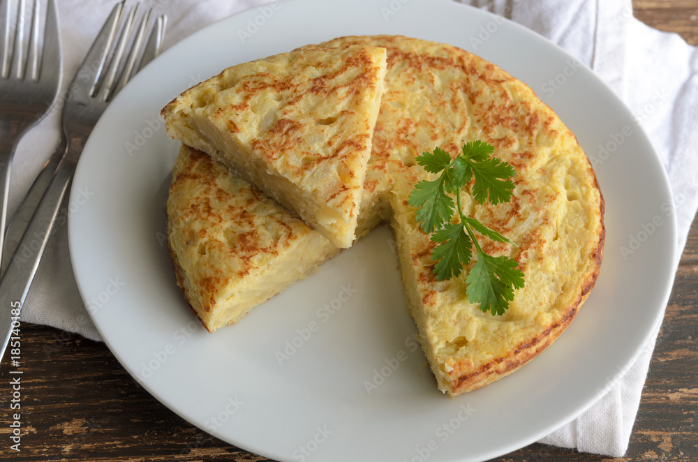 Traditional Spanish tapas or snack. Tortilla, Spanish omelette made with eggs and popatoes.