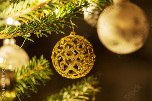 Christmas balls, traditional decorations for xtmas tree, gold white combination photo