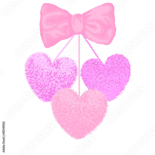 Decortive elements with pom-poms in the shape of a heart