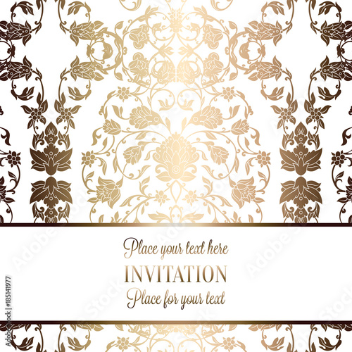 Fototapeta Naklejka Na Ścianę i Meble -  Intricate baroque luxury wedding invitation card, rich gold decor on beige background with frame and place for text, lacy foliage with shiny gradient