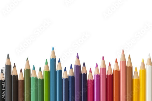 Close up of colorful colored pencil set isolated on white background.
